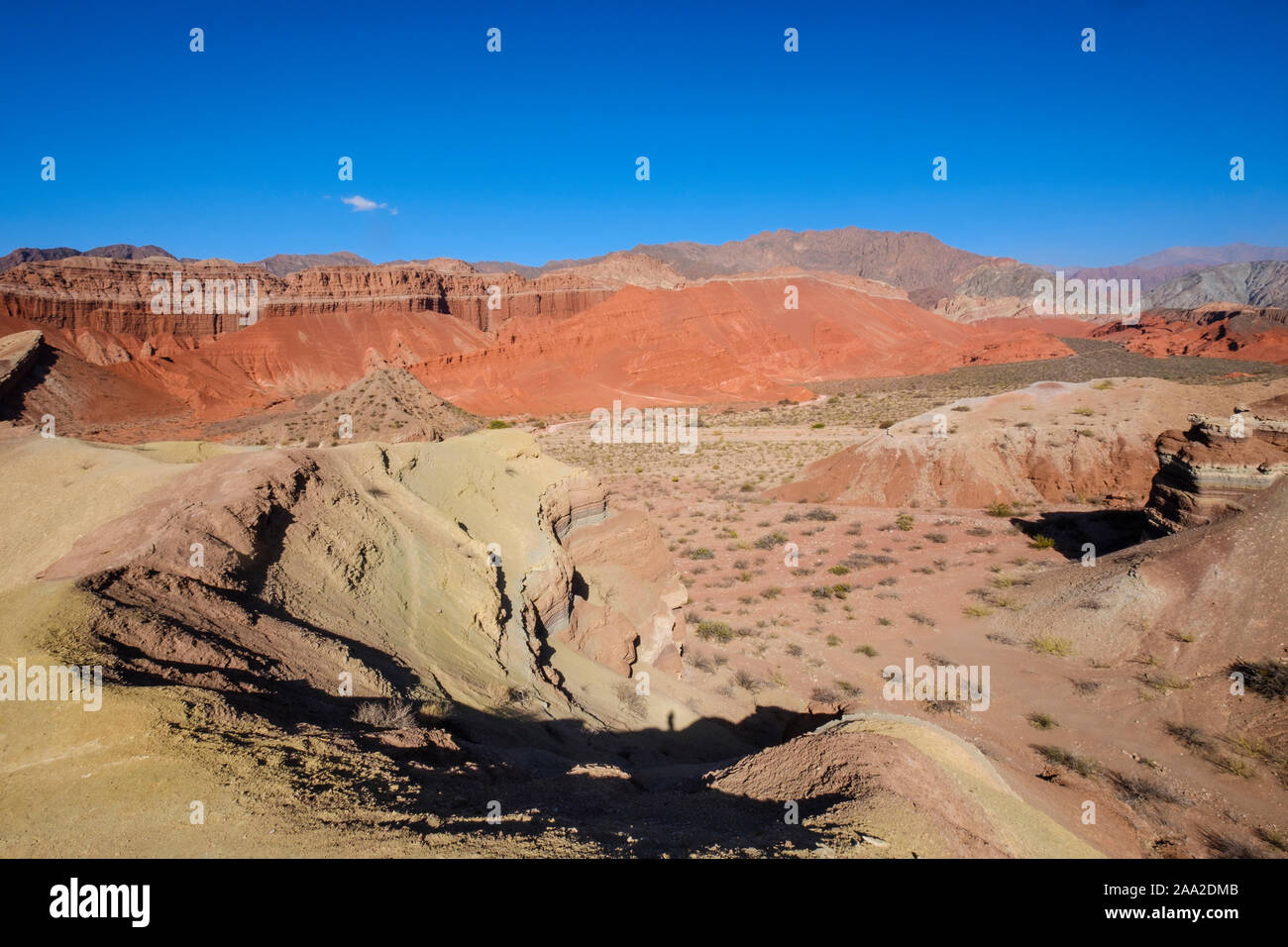 Panoramic view of the colorful geological landscape of La Yesera at the Quebrada de las Conchas, Cafayate, Argentina Stock Photo