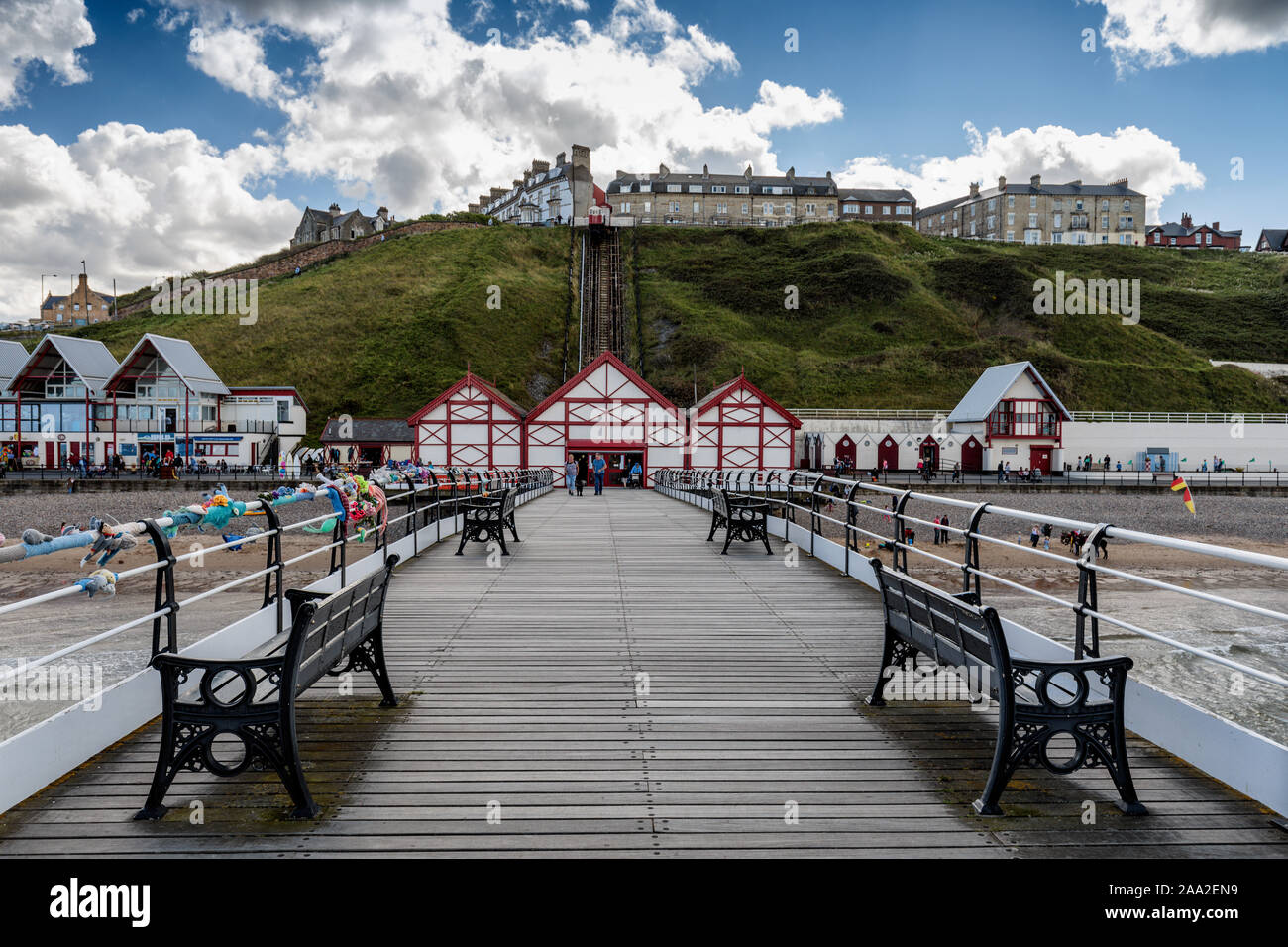 Saltburn Pier, located in Saltburn-by-the-Sea, built in 1869, the only remaining pleasure pier on the Yorkshire and North East coast of England Stock Photo