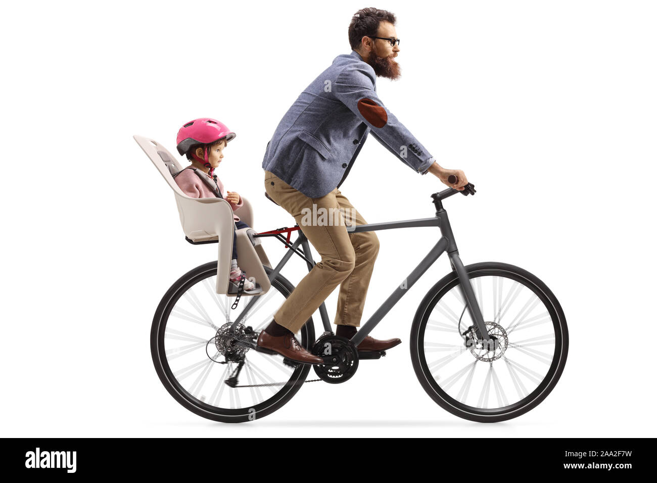 Man riding a bicycle with a little girl with a helmet inside a childs seat isolated on white background Stock Photo