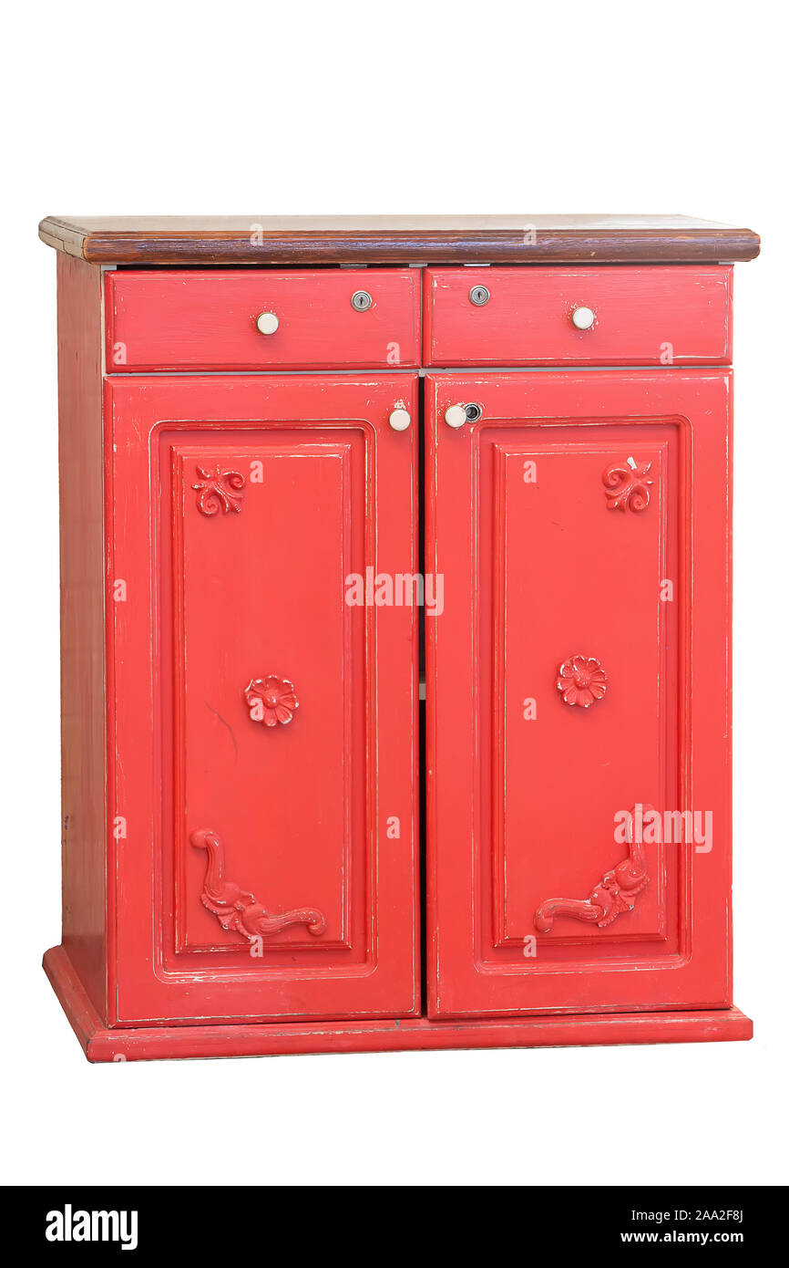 Red retro wardrobe on a white background. Antique wooden sideboard Stock Photo Alamy