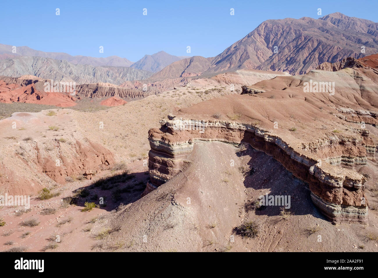 Panoramic view of the colorful geological landscape of La Yesera at the Quebrada de las Conchas, Cafayate, Argentina Stock Photo