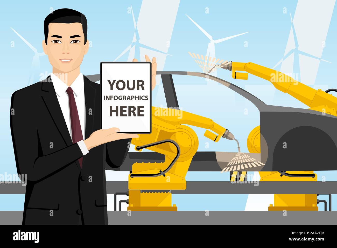 Engineer with a digital tablet controls robots on the car assembly line