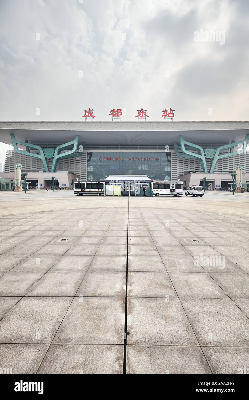 Chengdu, China - October 01, 2017: Police mobile force in front of Chengdu railway station modern building. Stock Photo