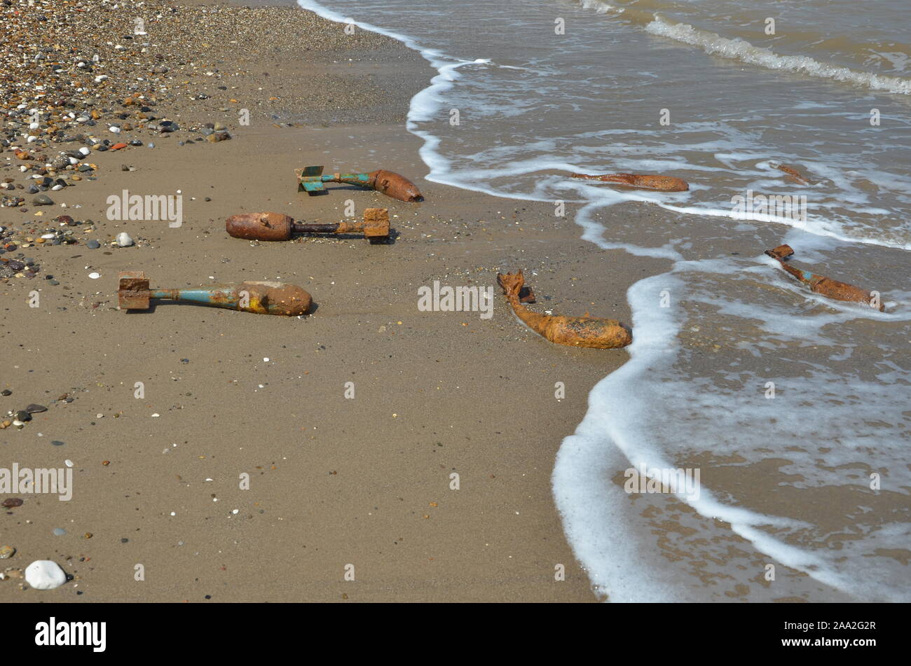 Aircraft Bombing beach, UXB Stock Photo