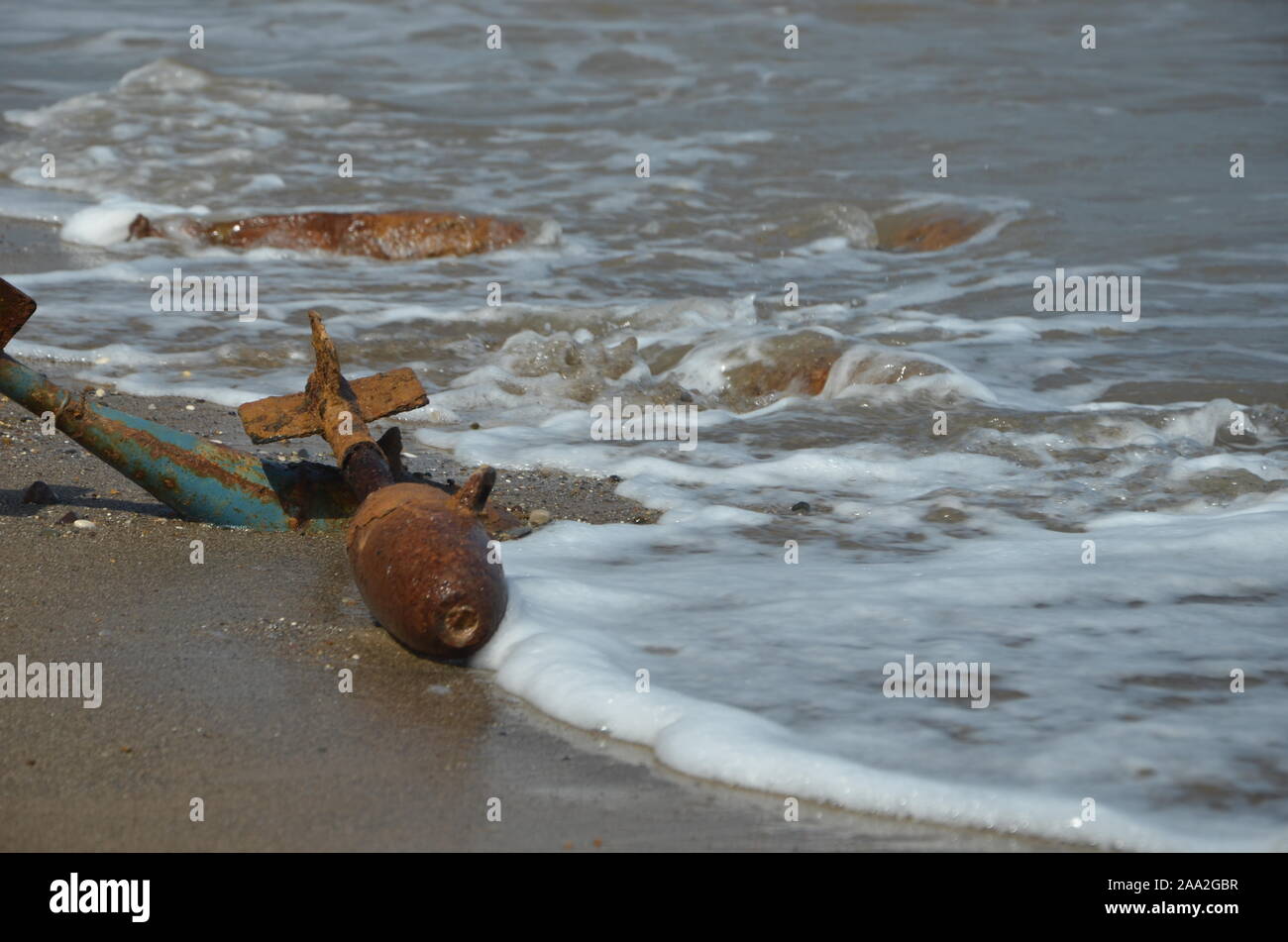 Aircraft Bombing beach, UXB Stock Photo