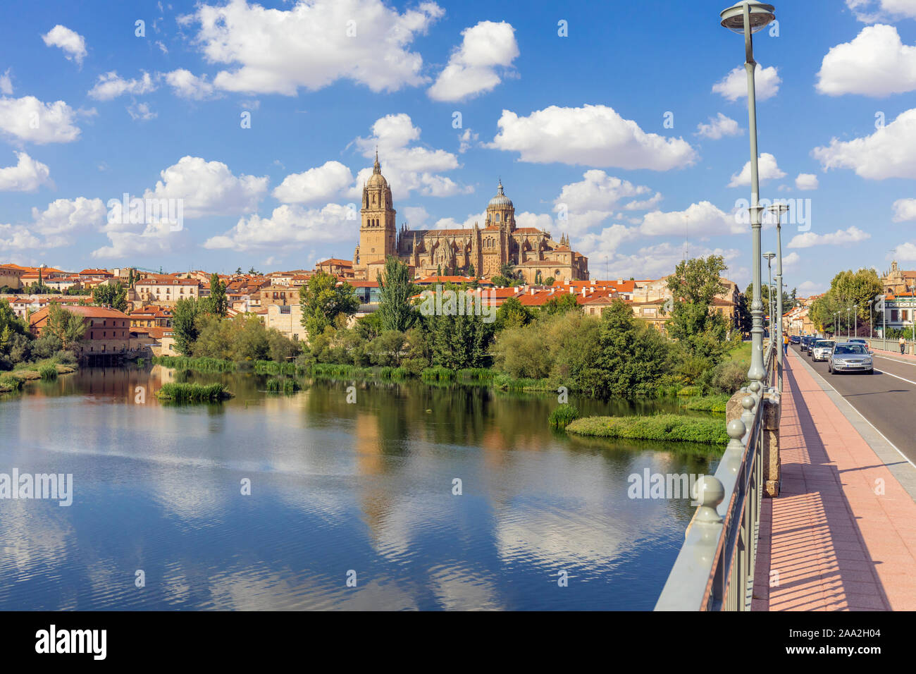 The  late Gothic and Baroque Catedral Nueva, or New Cathedral, seen over the river Tormes, Salamanca, Salamanca Province, Castile and Leon, Spain.  Th Stock Photo