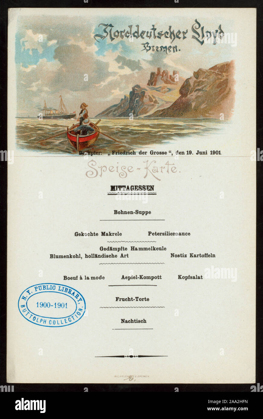 GERMAN & ENGLISH; CONCERT PROGRAM ON BACK COVER; ILLUSTRATION OF LARGE STEAMSHIP AT SEA Citation/Reference: 1901-1687A; [?LUNCH?] [held by] NORDDEUTSCHER LLOYD BREMEN [at] SS FRIEDRICH DER GROSSE (SS;) Stock Photo
