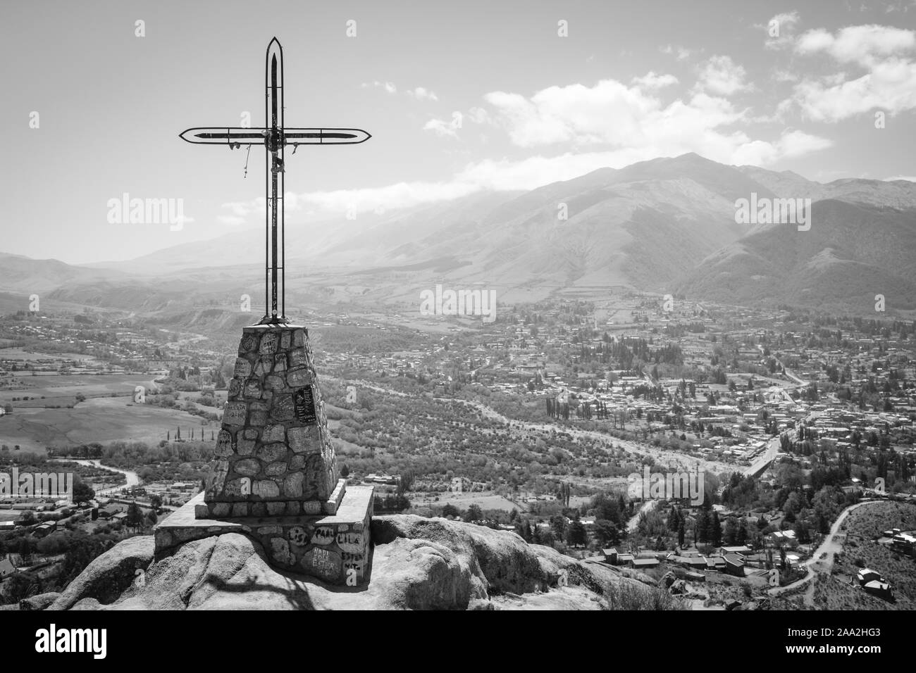 Panoramic view from Cerro de la Cruz (Cross Hill) overlooking Tafí del Valle, Argentina in classic black and white Stock Photo