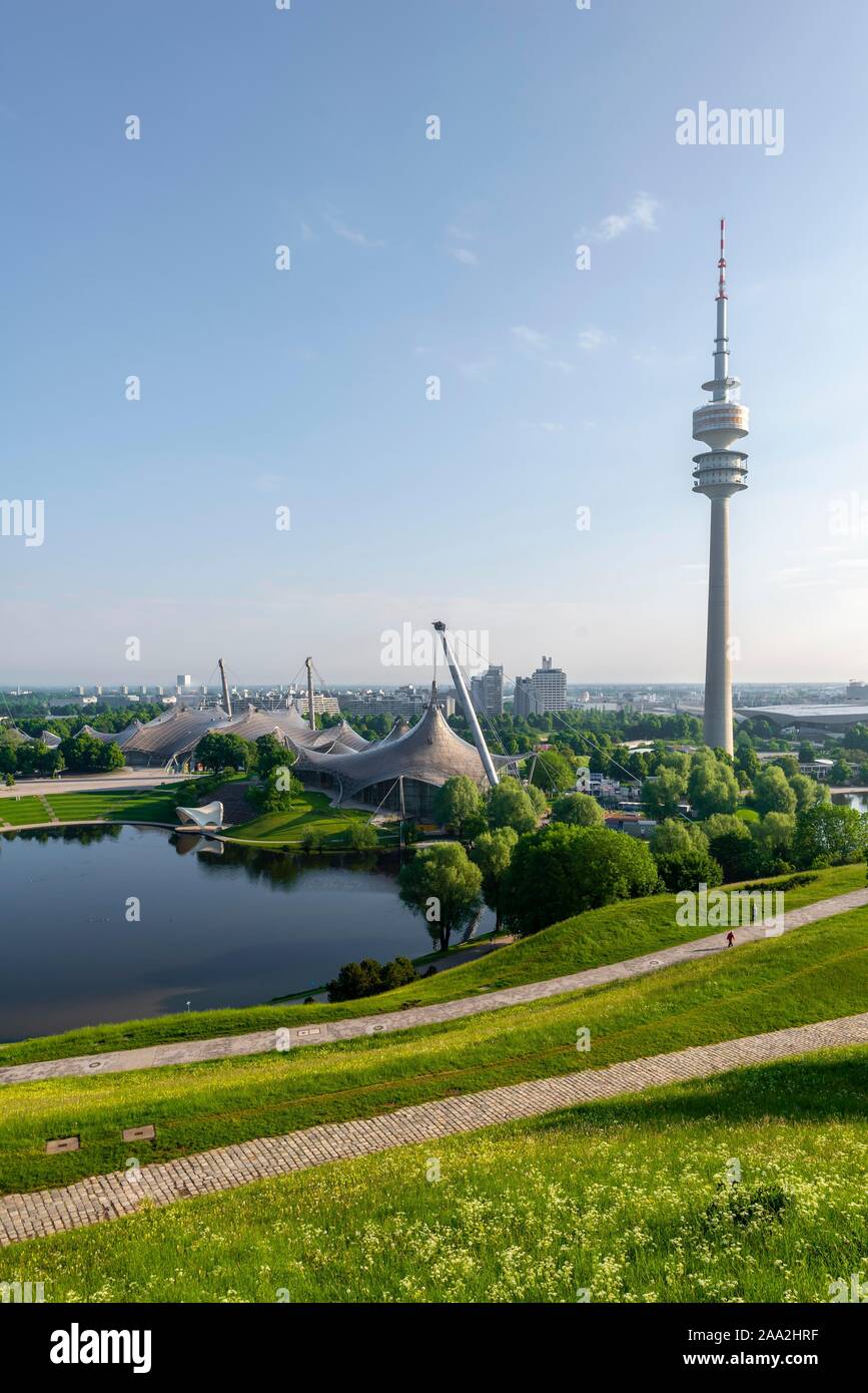 Olympic grounds, park with Olympic lake and television tower, Olympic tower, Olympic park, Munich, Upper Bavaria, Bavaria, Germany Stock Photo
