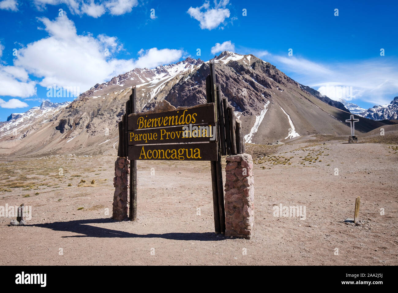 Welcome signboard to visitors to the Aconcagua Park , Mendoza Province, Argentina Stock Photo