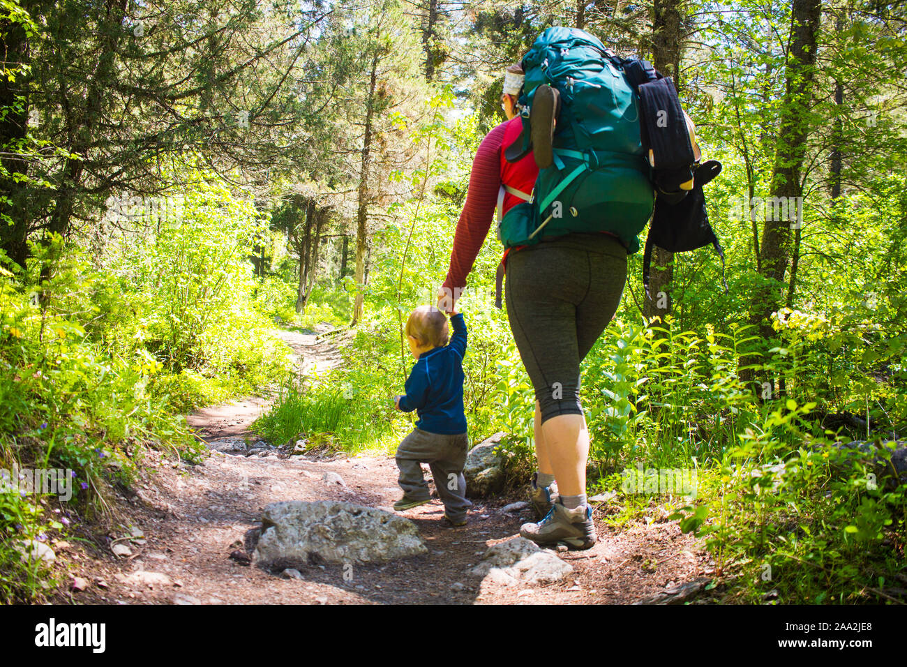 Mother and son hiking in the woods, USA Stock Photo