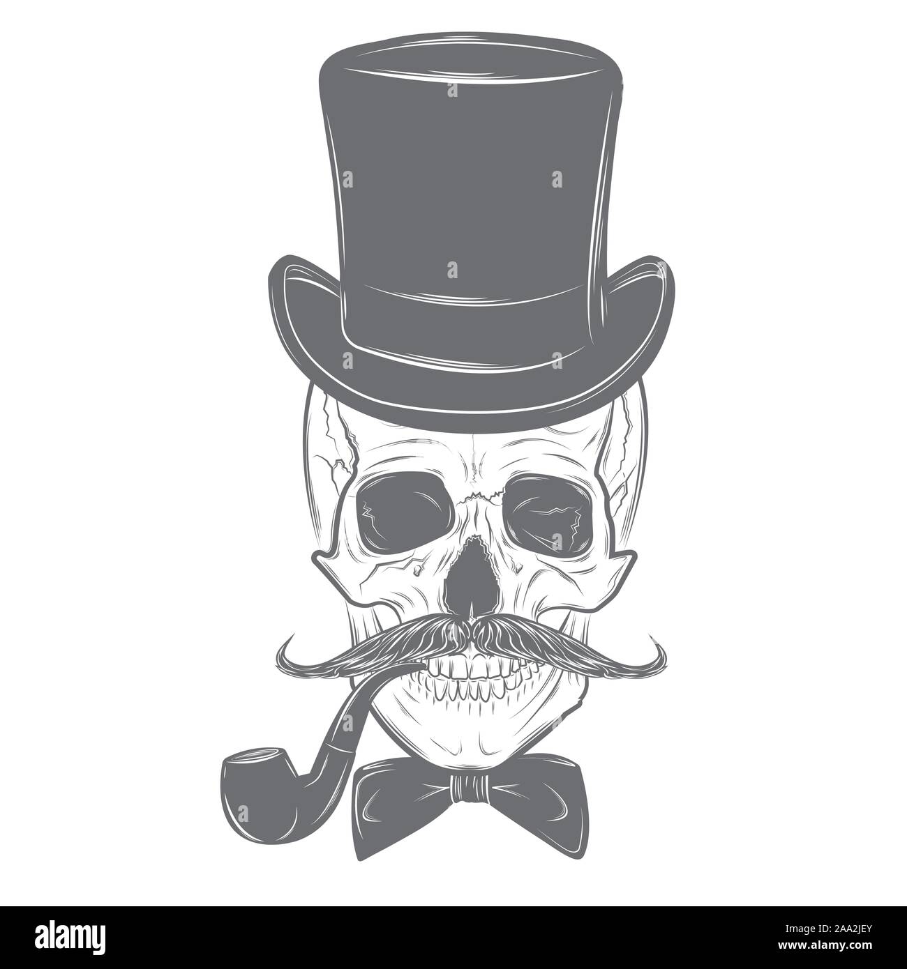 Gentleman skull with mustache, bow tie, top hat and smoking pipe. Skull print, skull illustration isolated on white background. Vector mode Stock Vector