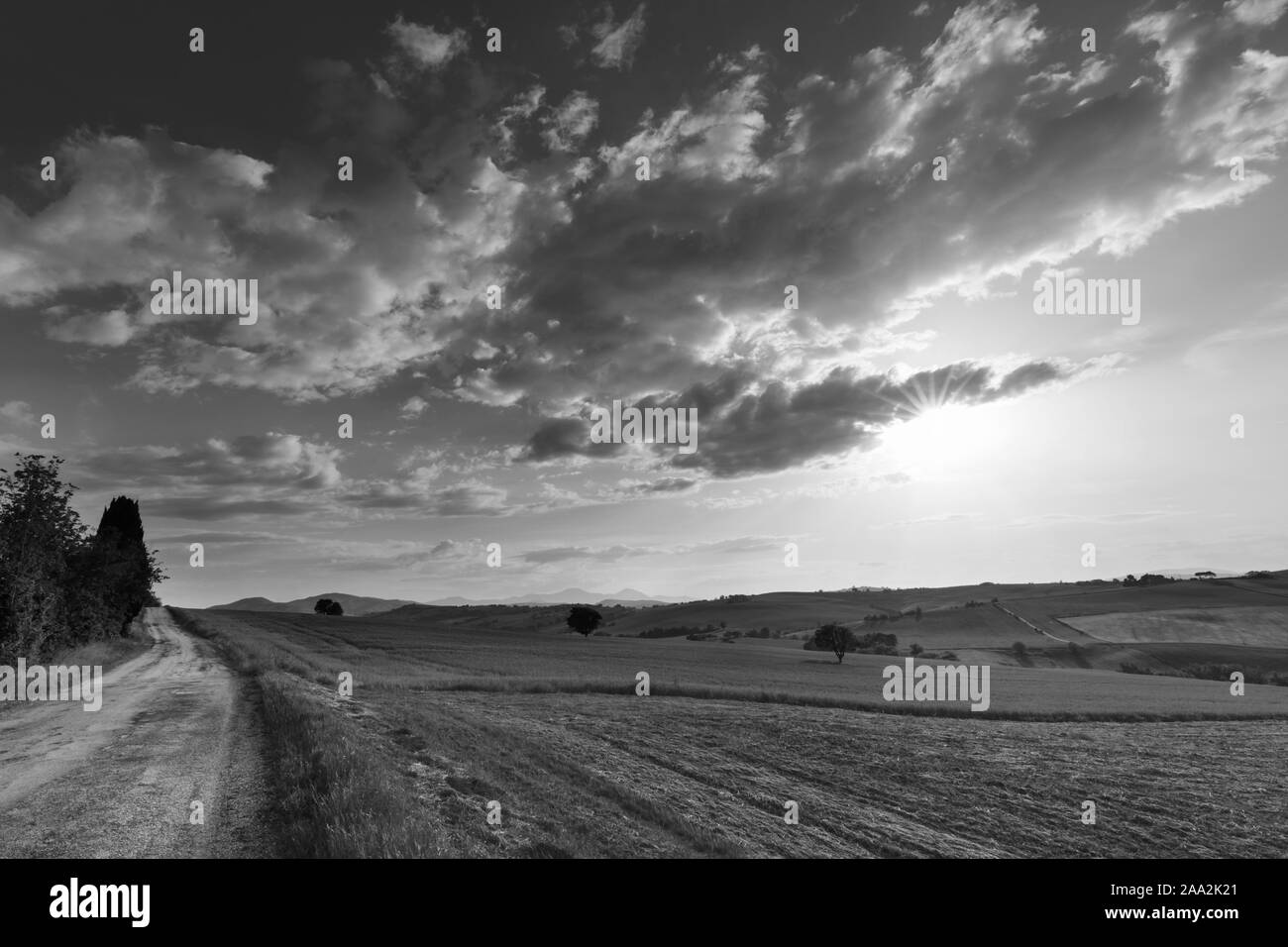 Rural landscape in black and white, country road and cloudy sky Stock ...