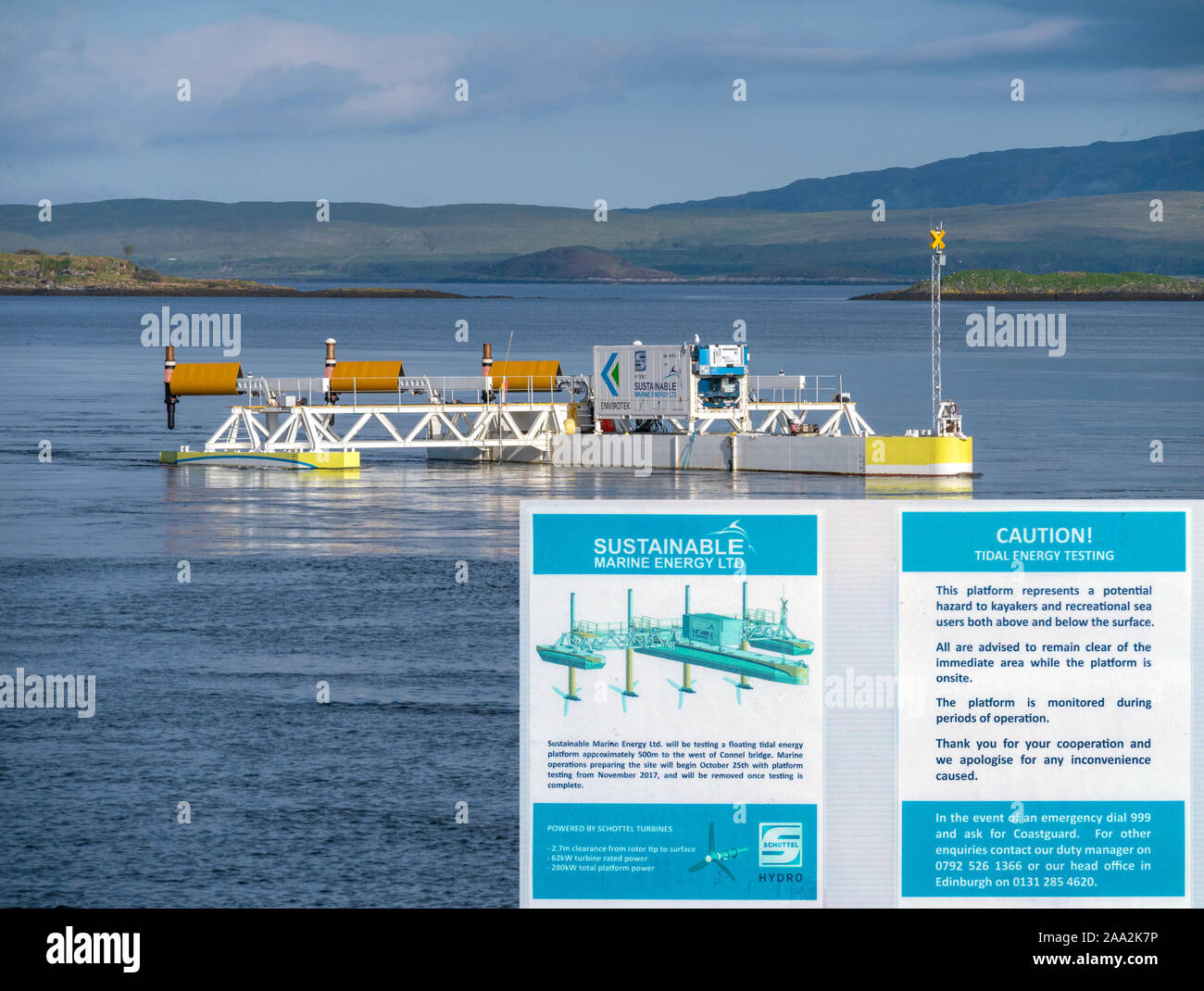 Underwater turbine electricity generation test platform owned by Sustainable Marine Energy Ltd in Loch Etive, Connel, Oban, Scotland, UK Stock Photo