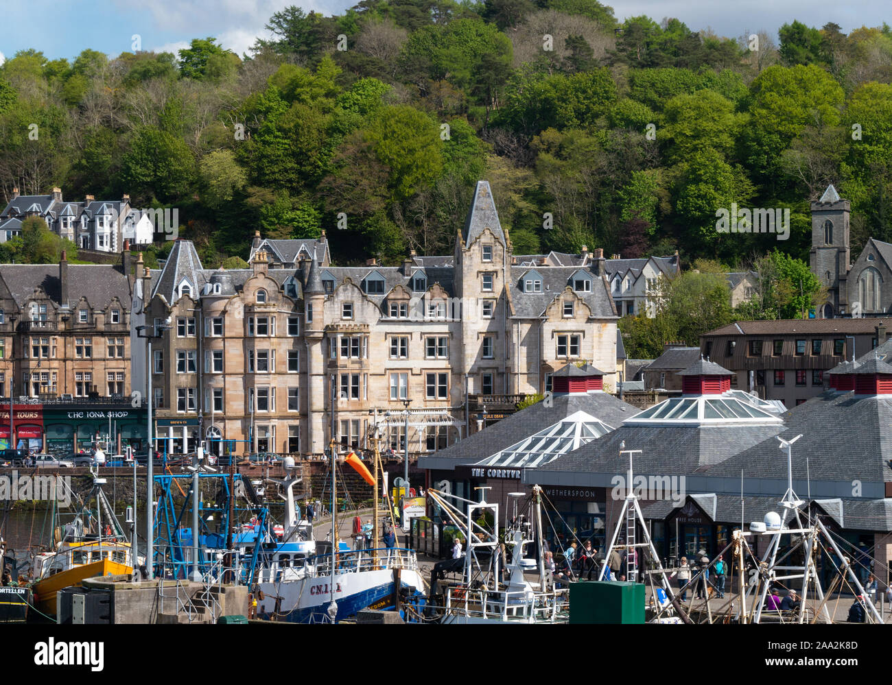 Busy quayside buildings and hotels, Oban Harbour, Argyll and Bute, Scotland, UK Stock Photo
