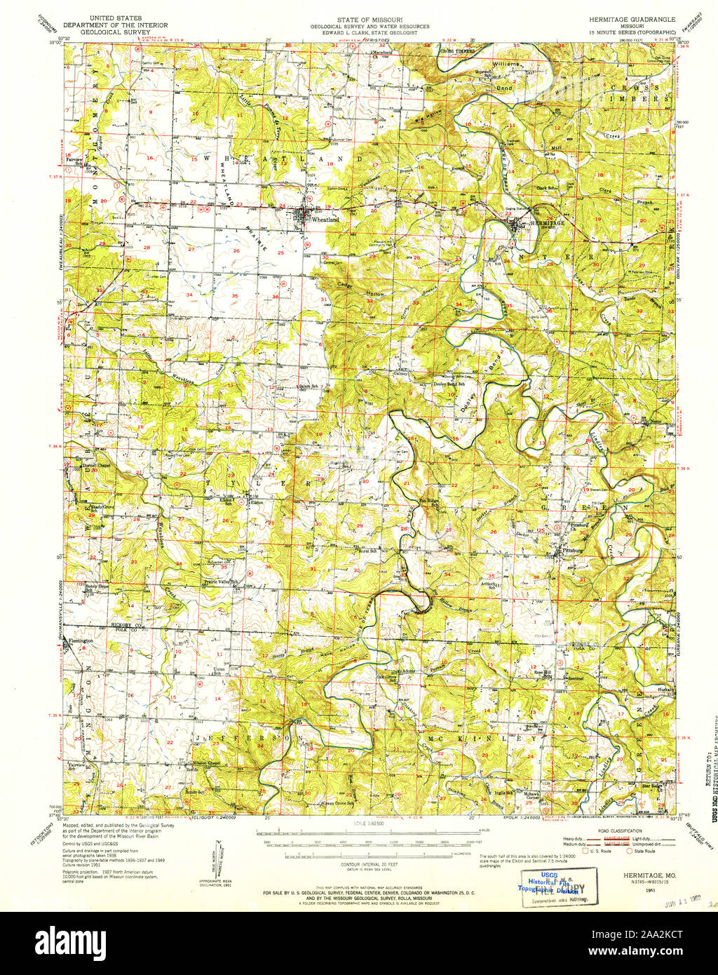 USGS TOPO Map Missouri MO Hermitage 324965 1951 62500 Restoration Stock