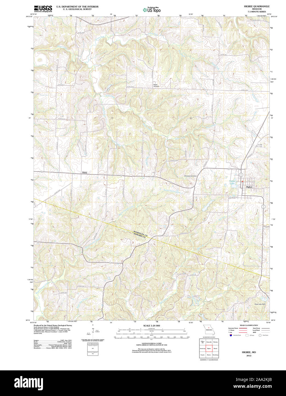 USGS TOPO Map Missouri MO Higbee 20120202 TM Restoration Stock Photo