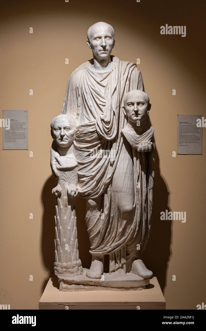 Rome. Italy. Togaed Barberini statue (1st century BC), shows the central figure holding wax portraits of his ancestors. Centrale Montemartini Museum. Stock Photo