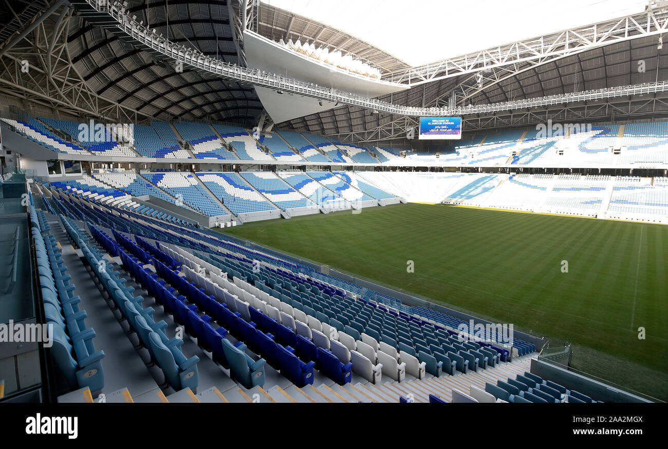A general view showing the pitch at the Al Janoub Stadium, Doha, Qatar. The stadium is to be used as a venue for the 2022 FIFA World Cup . PA Photo. Picture date: Monday September 30, 2019. . Photo credit should read: Martin Rickett/PA Wire. Stock Photo