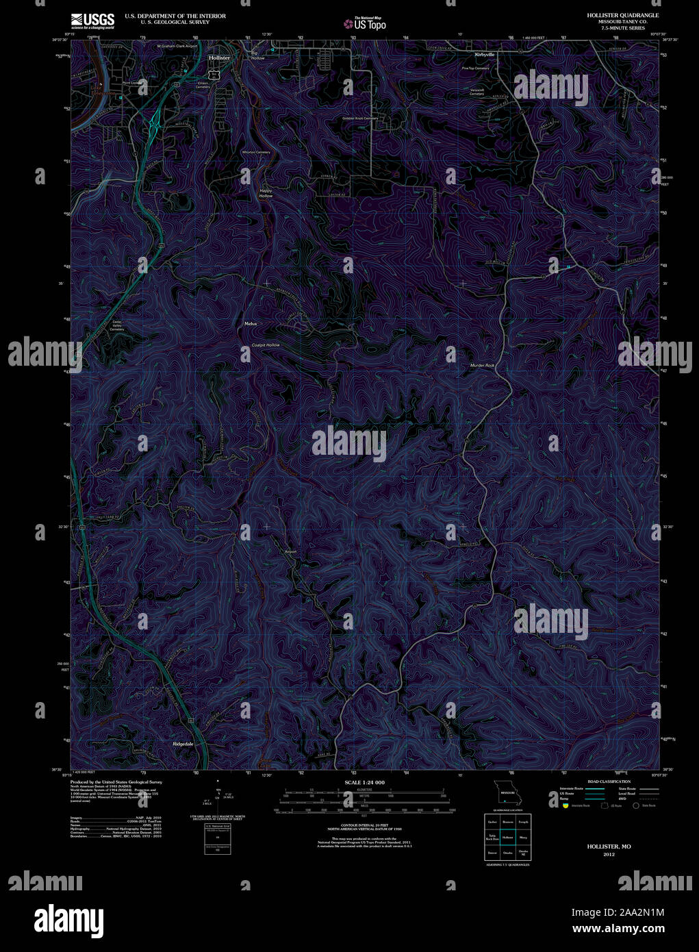 USGS TOPO Map Missouri MO Hollister 20120105 TM Inverted Restoration Stock Photo