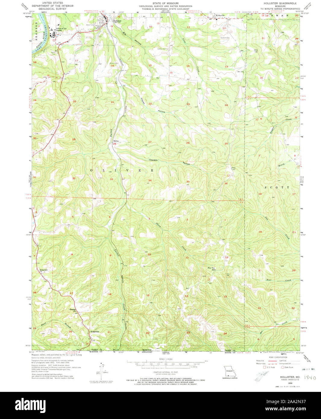 USGS TOPO Map Missouri MO Hollister 322962 1956 24000 Restoration Stock