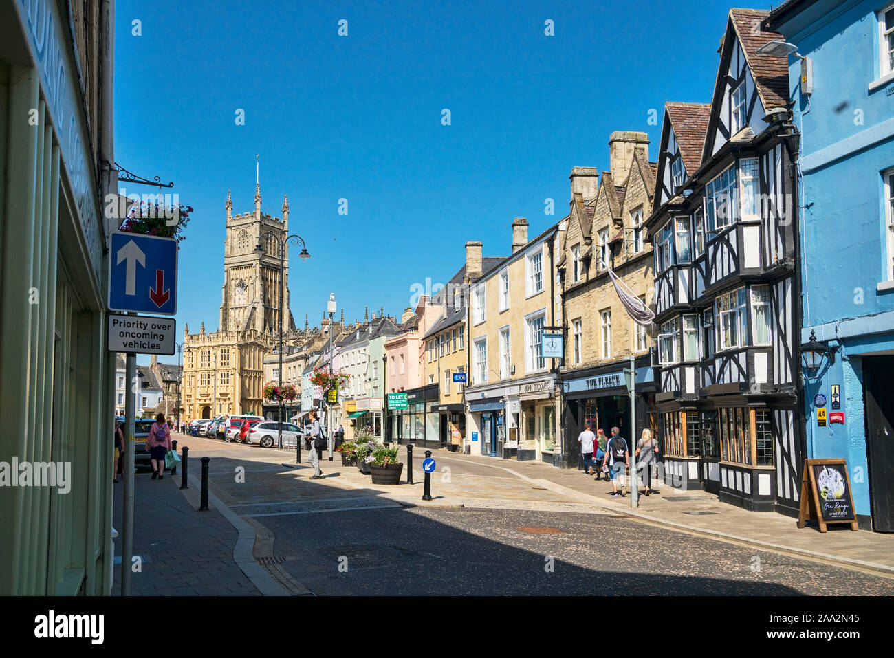 Cirencester; market place looking to St John Baptist Church, Gloucestershire; UK; England Stock Photo