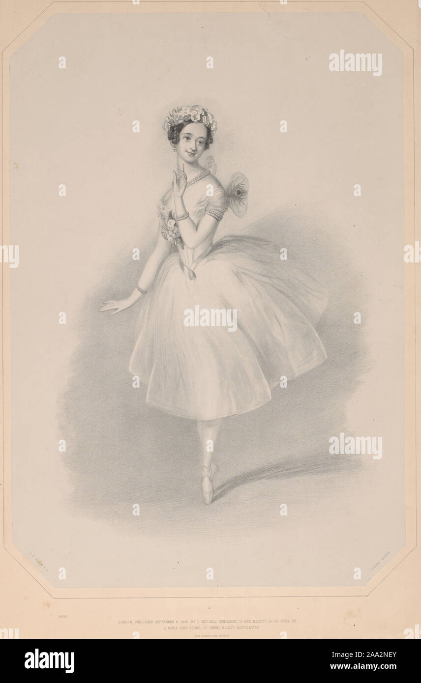Taglioni, as the Sylphide, stands on the left pointe with the right foot close behind it. Her head is slightly turned and inclined to her left. The left arm is bent with the forefinger under the chin and the right arm is opened gently to the side. Citation/Reference: Cf. *MGT-Res.  Beaumont, Cyril. The romantic ballet in lithographs of the time, 1938. Reproduction.; [Souvenir d'adieu de Marie Taglioni]. Stock Photo