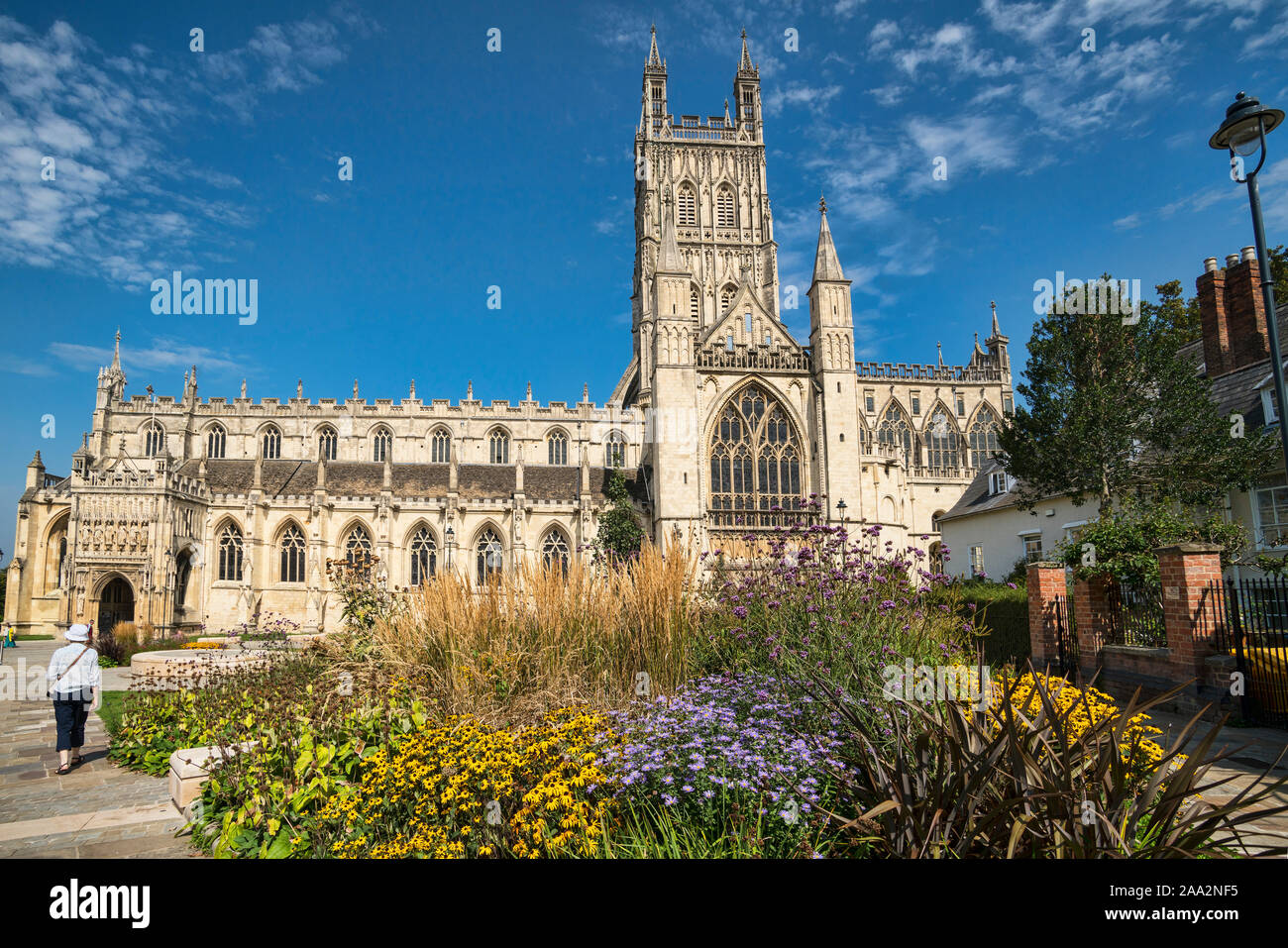 Gloucester Cathedral,  gardens, flower display,  Gloucestershire, England, UK Stock Photo