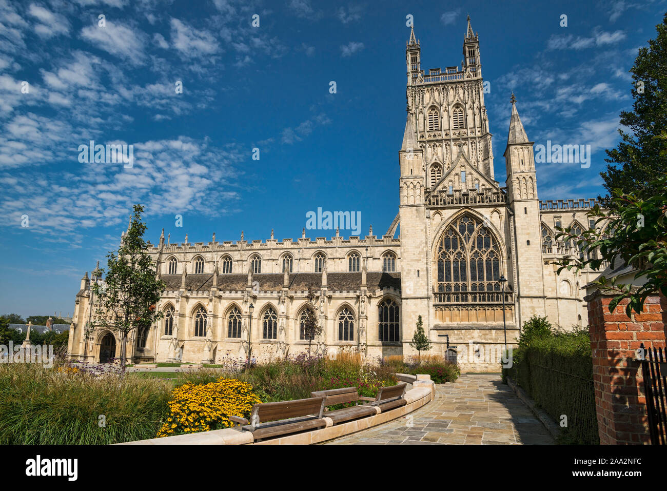 Gloucester Cathedral,  gardens, flower display,  Gloucestershire, England, UK Stock Photo