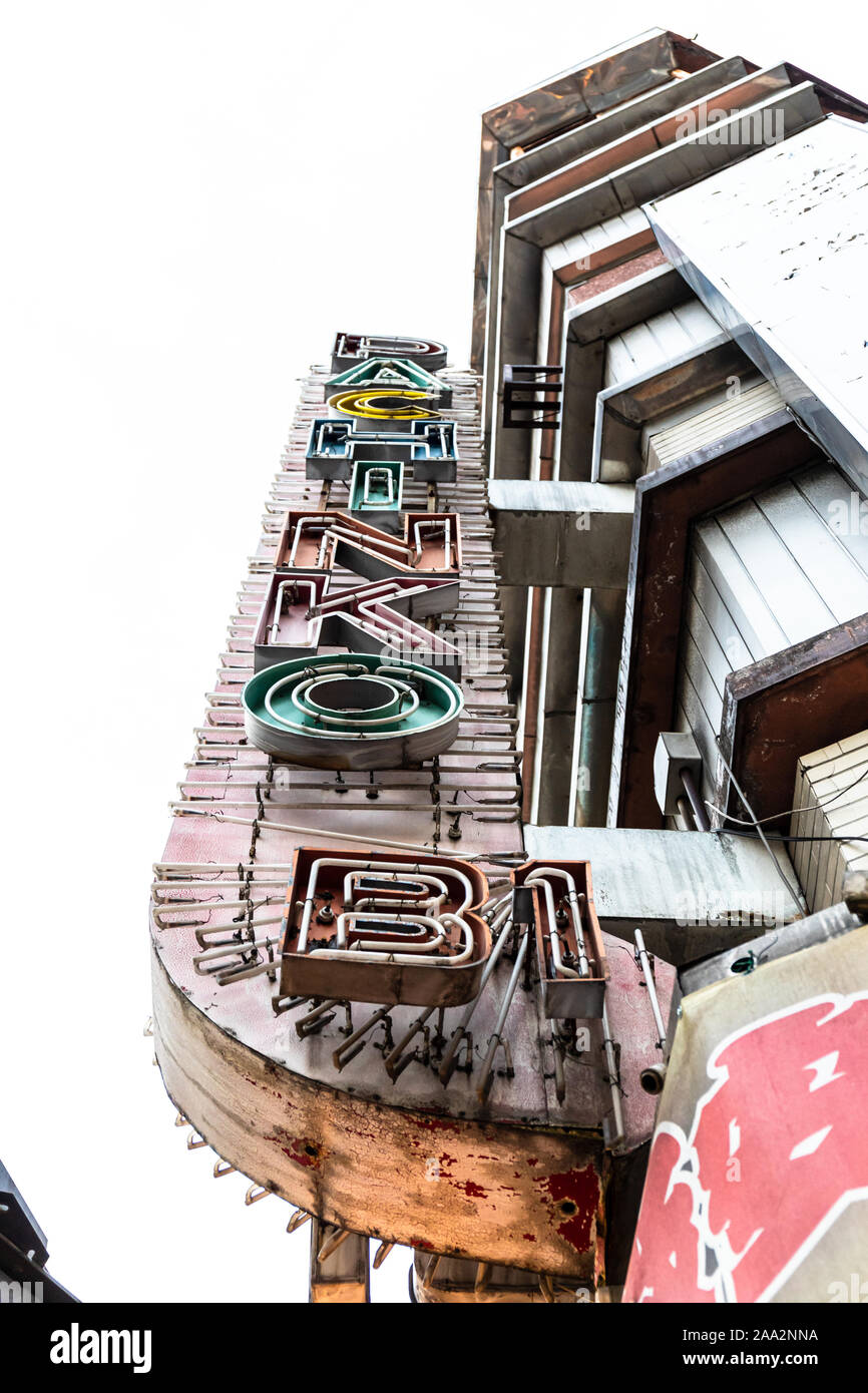 Old pachinko neon sign, pastel-coloured, in Shibuya, Tokyo, Japan Stock Photo