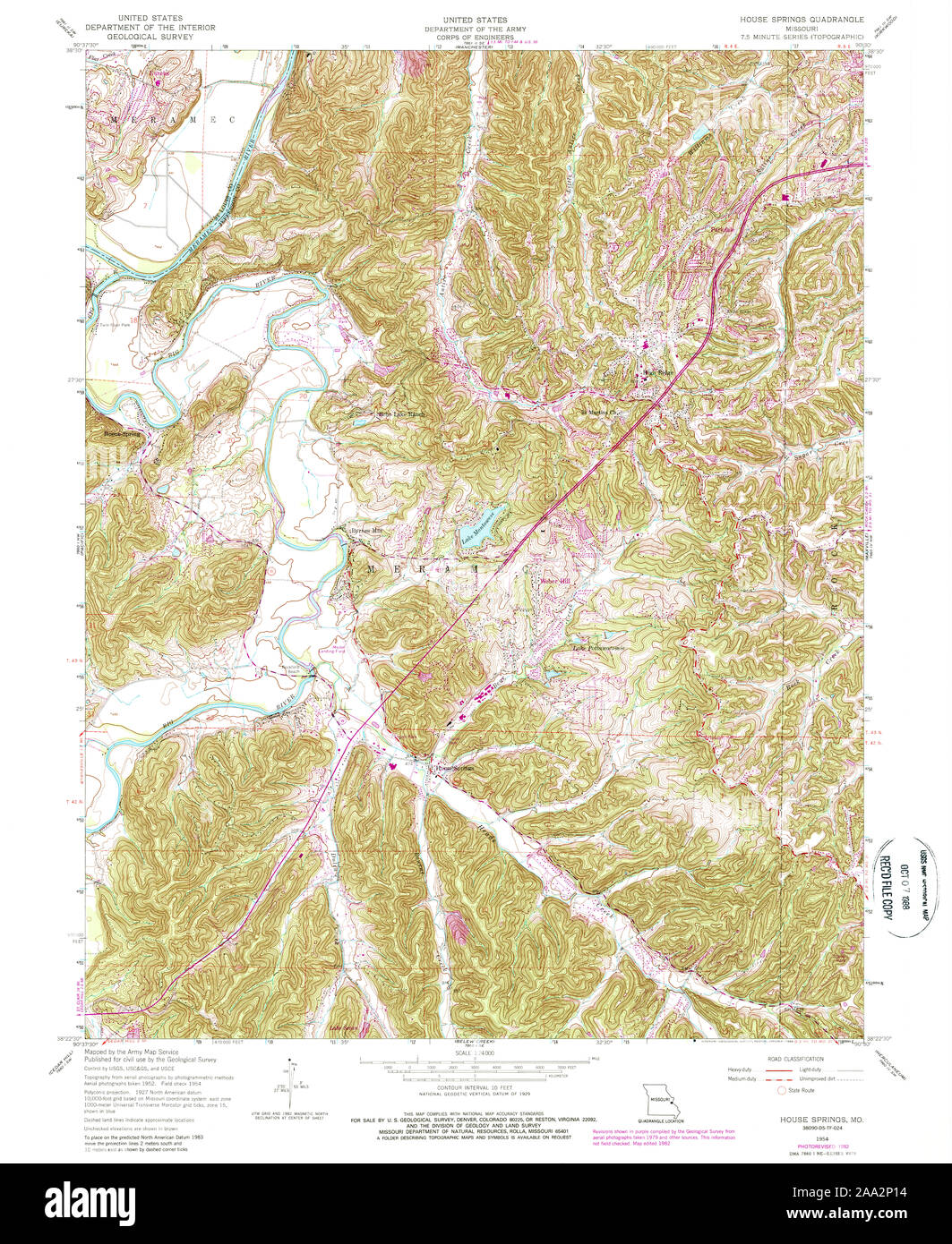 USGS TOPO Map Missouri MO House Springs 322979 1954 24000 Restoration Stock Photo