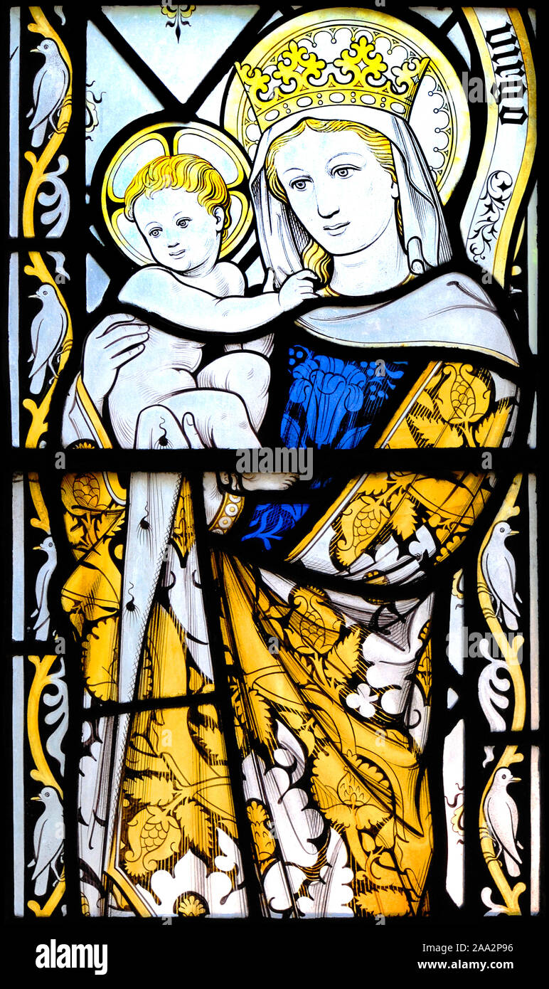 Rochester, Kent, England, UK. Rochester Cathedral (604AD, Britain's second oldest) Interior: stained glass window. Virgin Mary with Christ Stock Photo