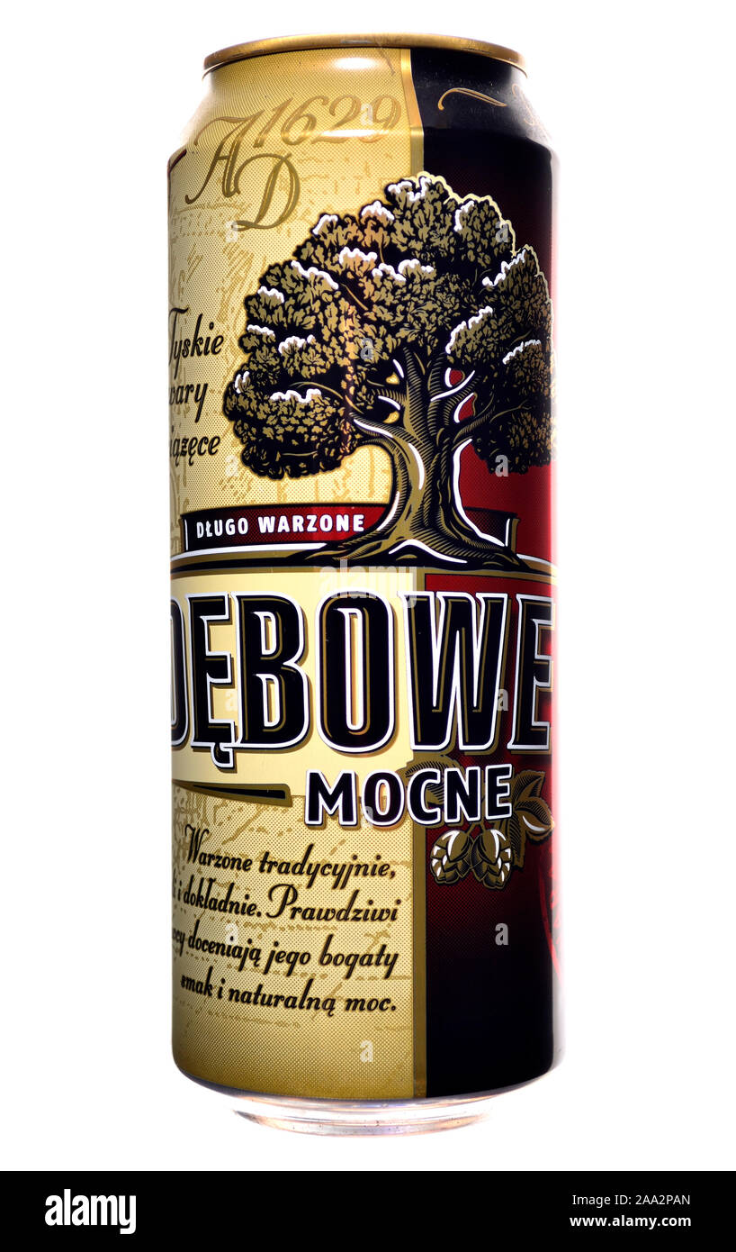 Polish beer can - Debowe Mocne (strong) Stock Photo