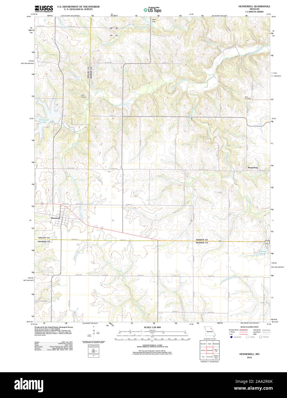 USGS TOPO Map Missouri MO Hunnewell 20120123 TM Restoration Stock Photo