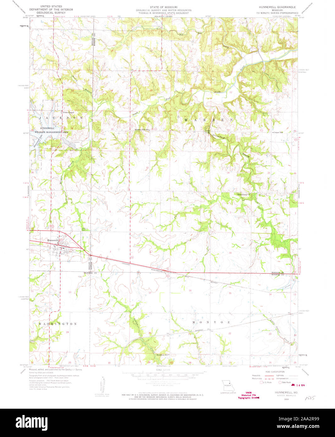 USGS TOPO Map Missouri MO Hunnewell 323002 1959 24000 Restoration Stock Photo