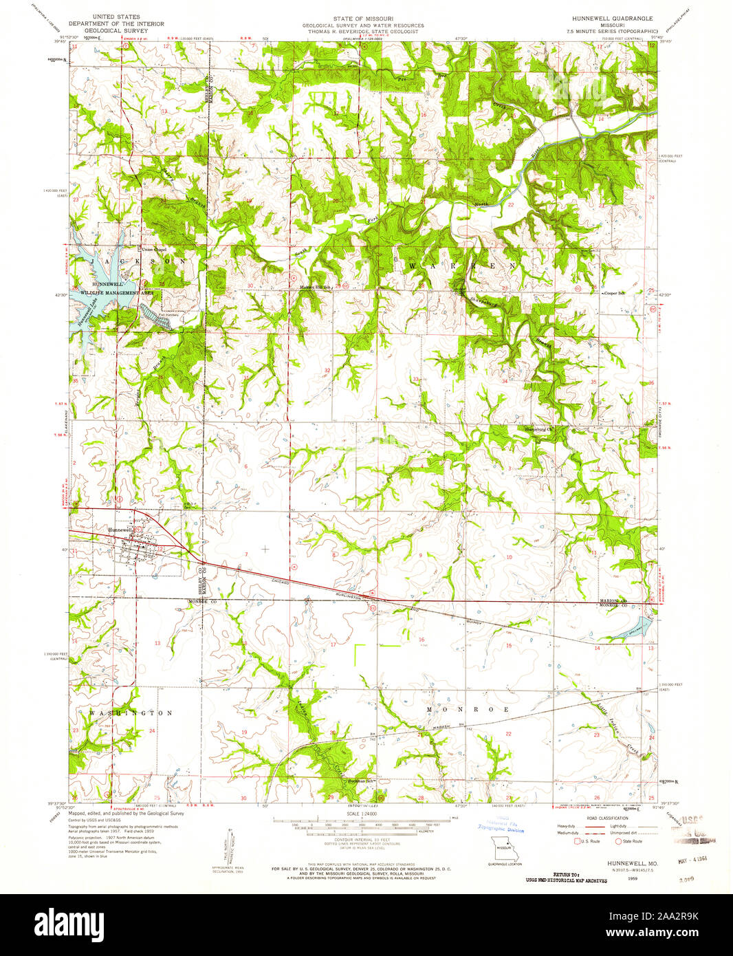 USGS TOPO Map Missouri MO Hunnewell 323001 1959 24000 Restoration Stock Photo