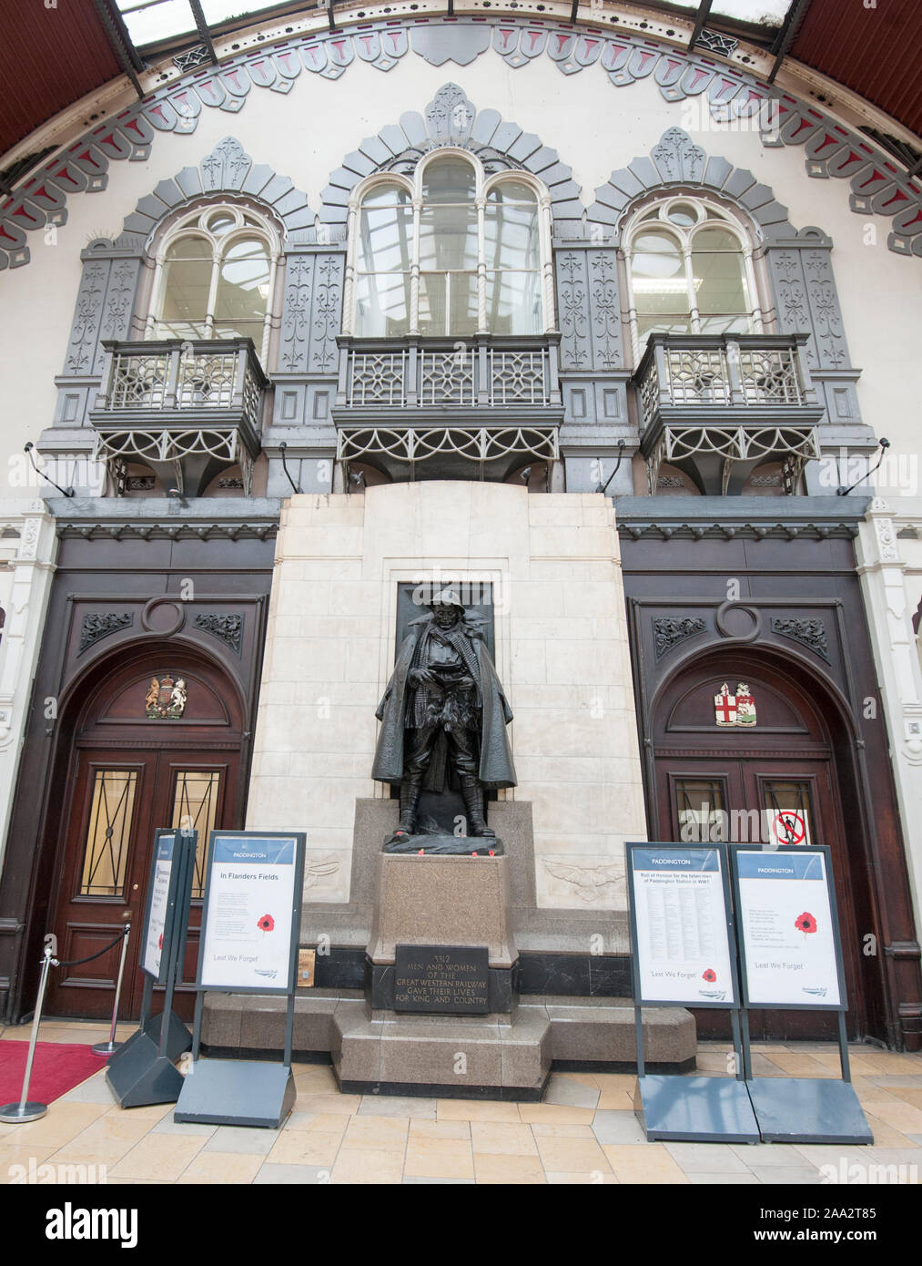 Statue of the 'Unknown Soldier' on platform 1 at Paddington Station in London. Various