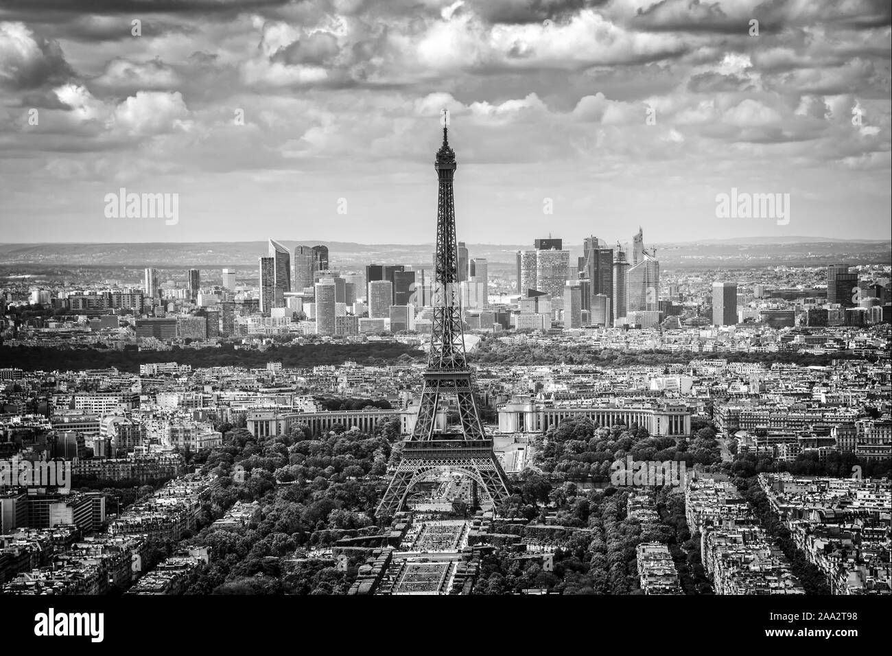 Aerial scenic view of Paris with the Eiffel tower and la Defense business district skyline, black and white Stock Photo