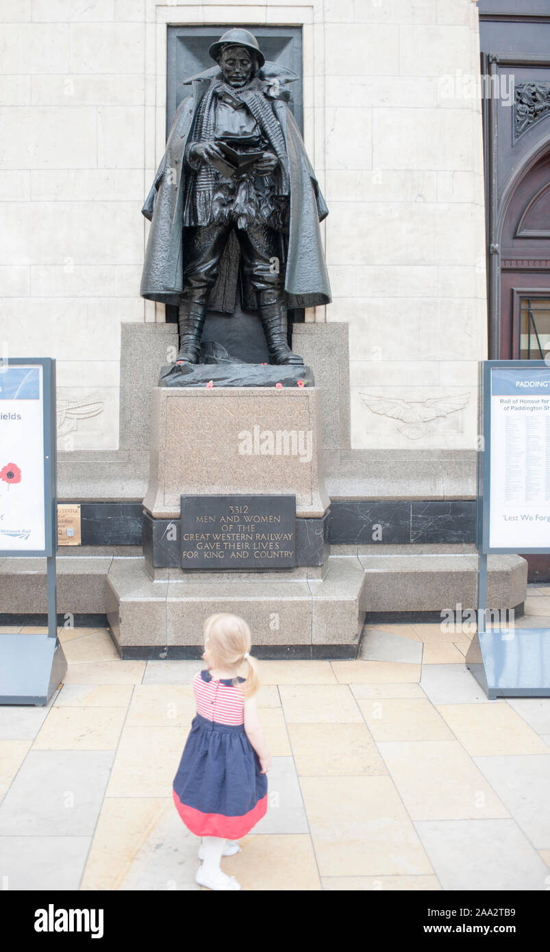 Statue of the 'Unknown Soldier' on platform 1 at Paddington Station in London. Various