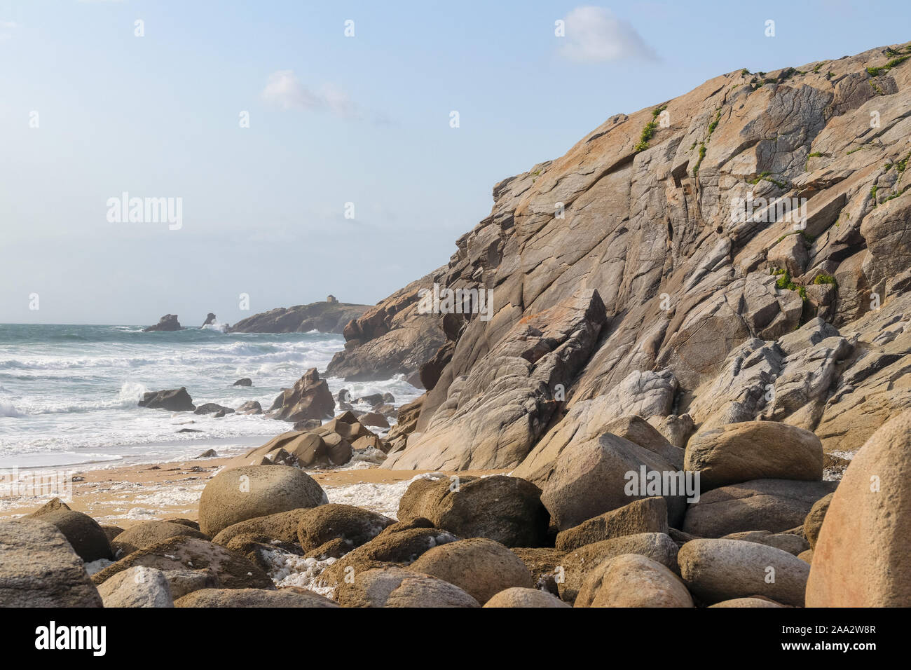 Natural cliffs on beautiful and famous coastline Cote Sauvage on peninsula Quiberon, Brittany, France Stock Photo