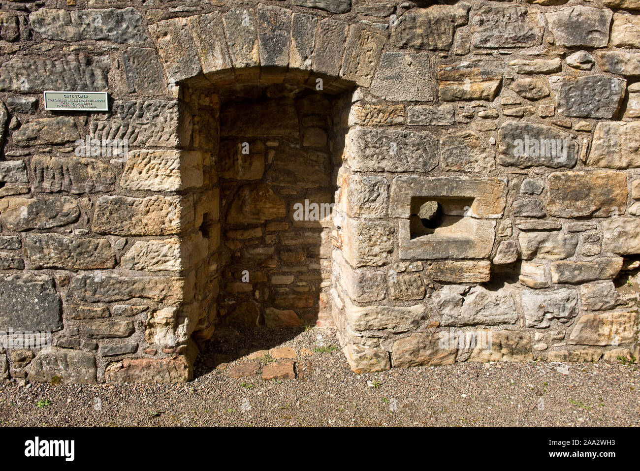 Splayed gunloop (gunhole) in wall of Craignethan Castle. Lanark, Scotland Stock Photo