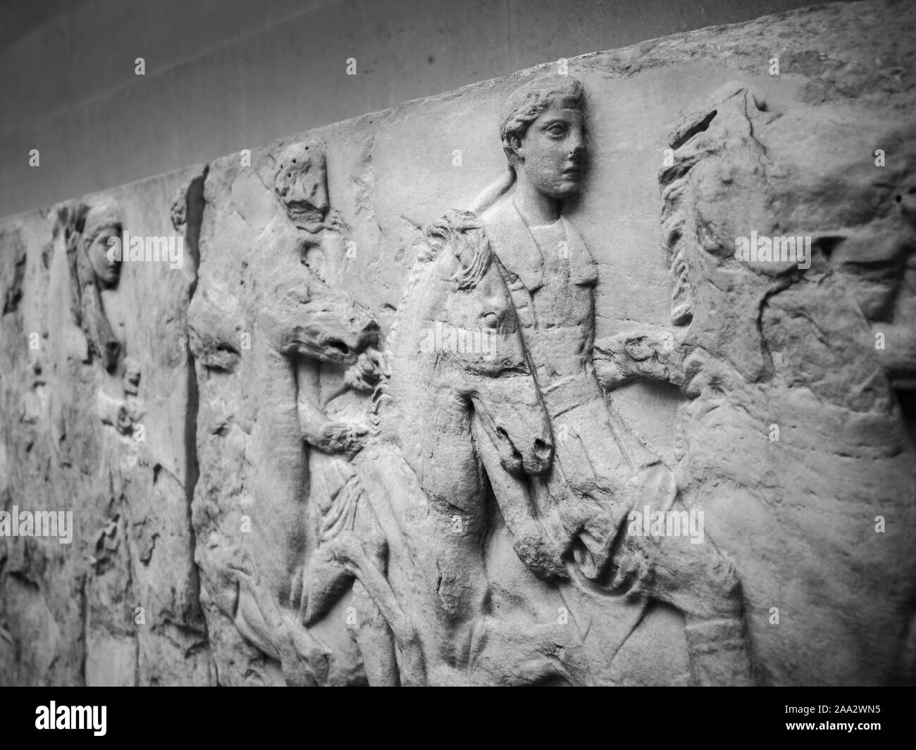 London. England. British Museum, Parthenon Frieze (Elgin Marbles), horsemen from the South Frieze, from the Parthenon on the Acropolis in Athens, ca. Stock Photo