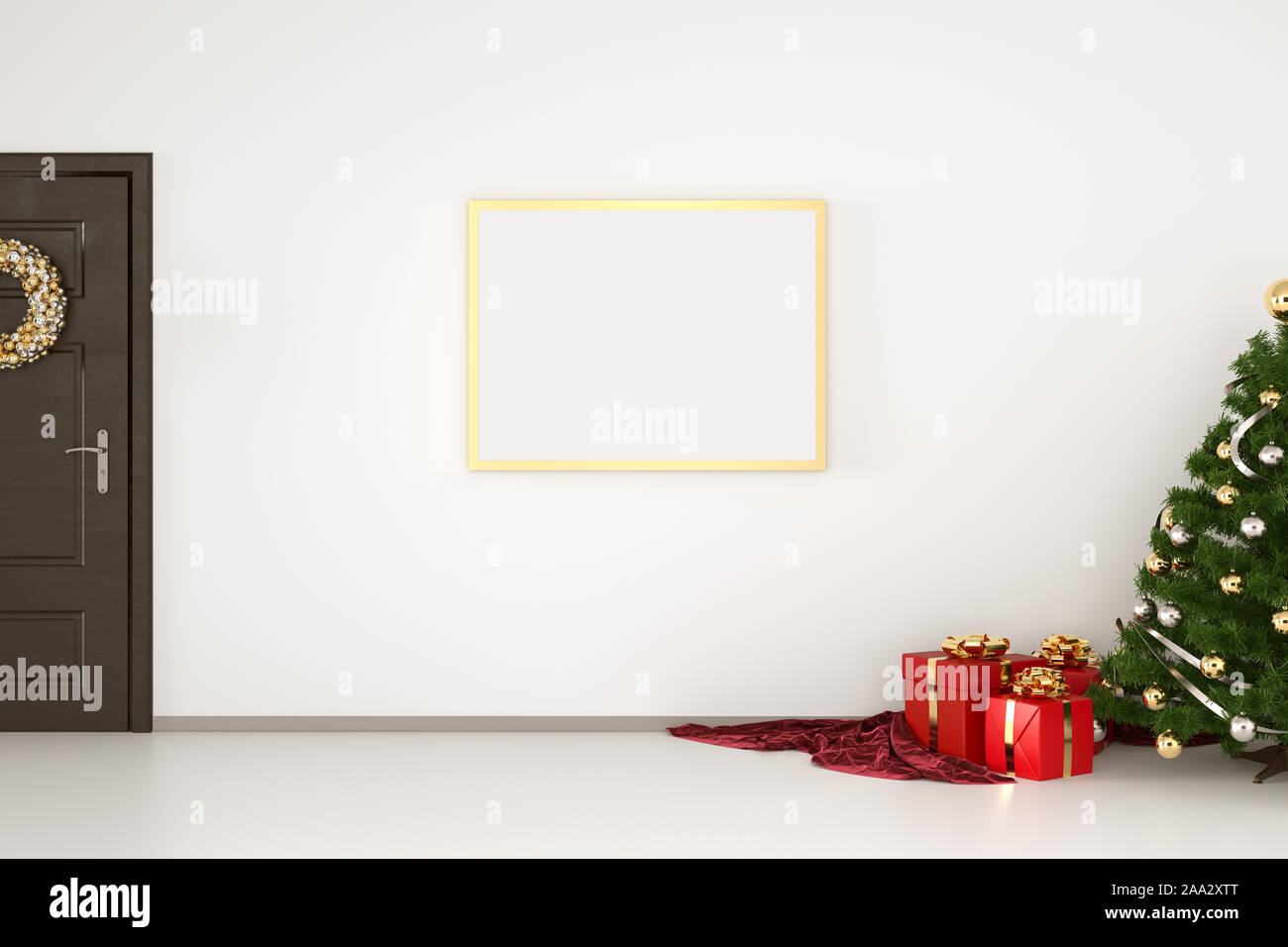 Mock Up Canvas Poster Gold Frame With Door Christmas Wreath