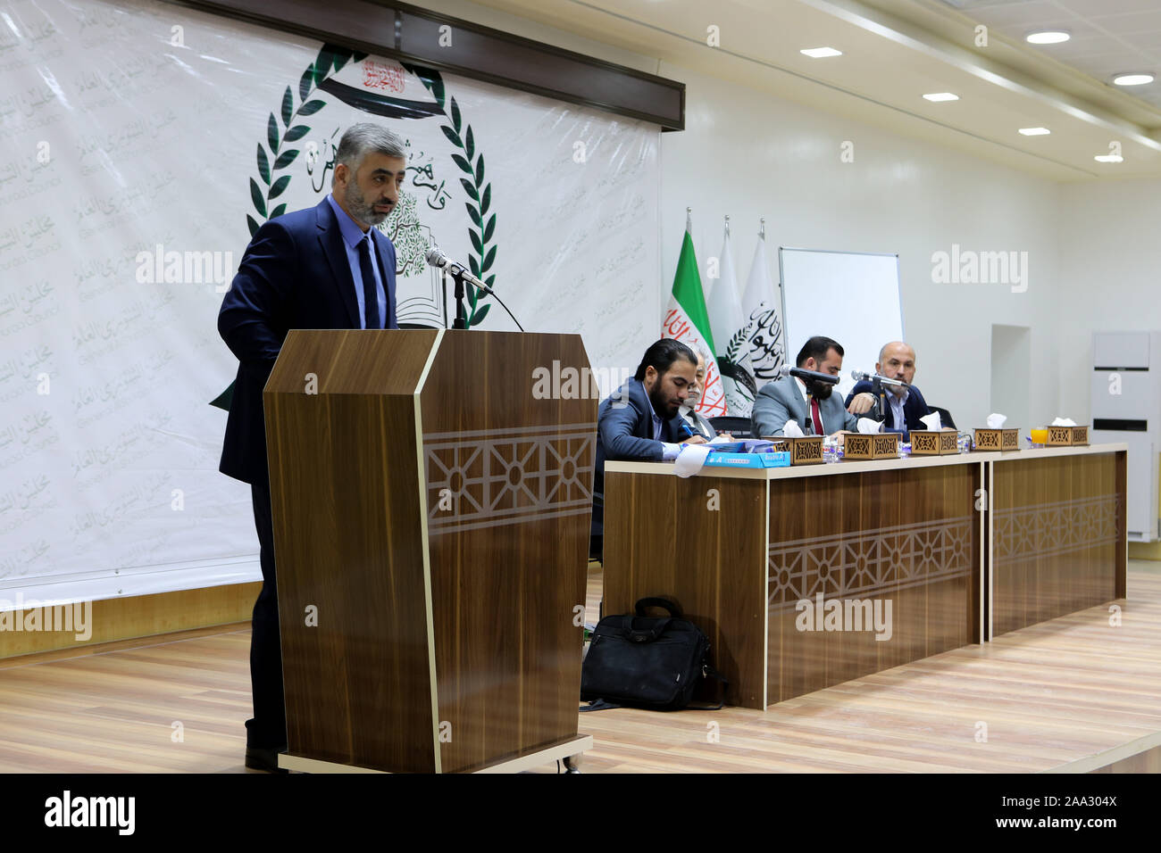 November 18, 2019: Bab al-Hawua, Syria. 18 November 2019. Engineer Ali Keda  gives a speech after being elected prime minister of the General  Consultative Council during an emergency session of the General