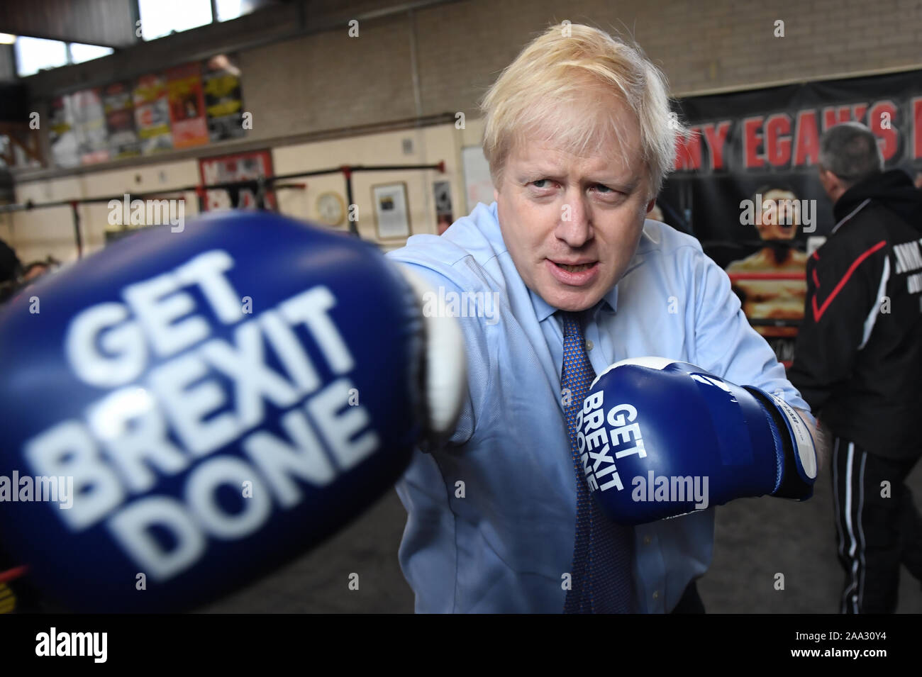 Prime Minister Boris Johnson during a visit to Jimmy Egan's Boxing Academy at Wythenshawe, while on the campaign trail ahead of the General Election. Stock Photo