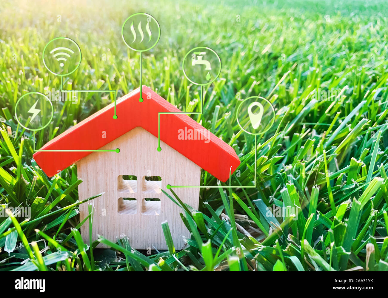 Miniature home and symbols of public utilities. Choosing a house to buy, assessing the cost and condition of the building. Location in the city. Repai Stock Photo