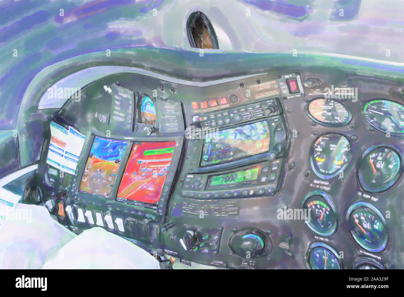watercolor illustration: Cockpit of a aquila a 210, a light aircraft,during flight, Germany Stock Photo