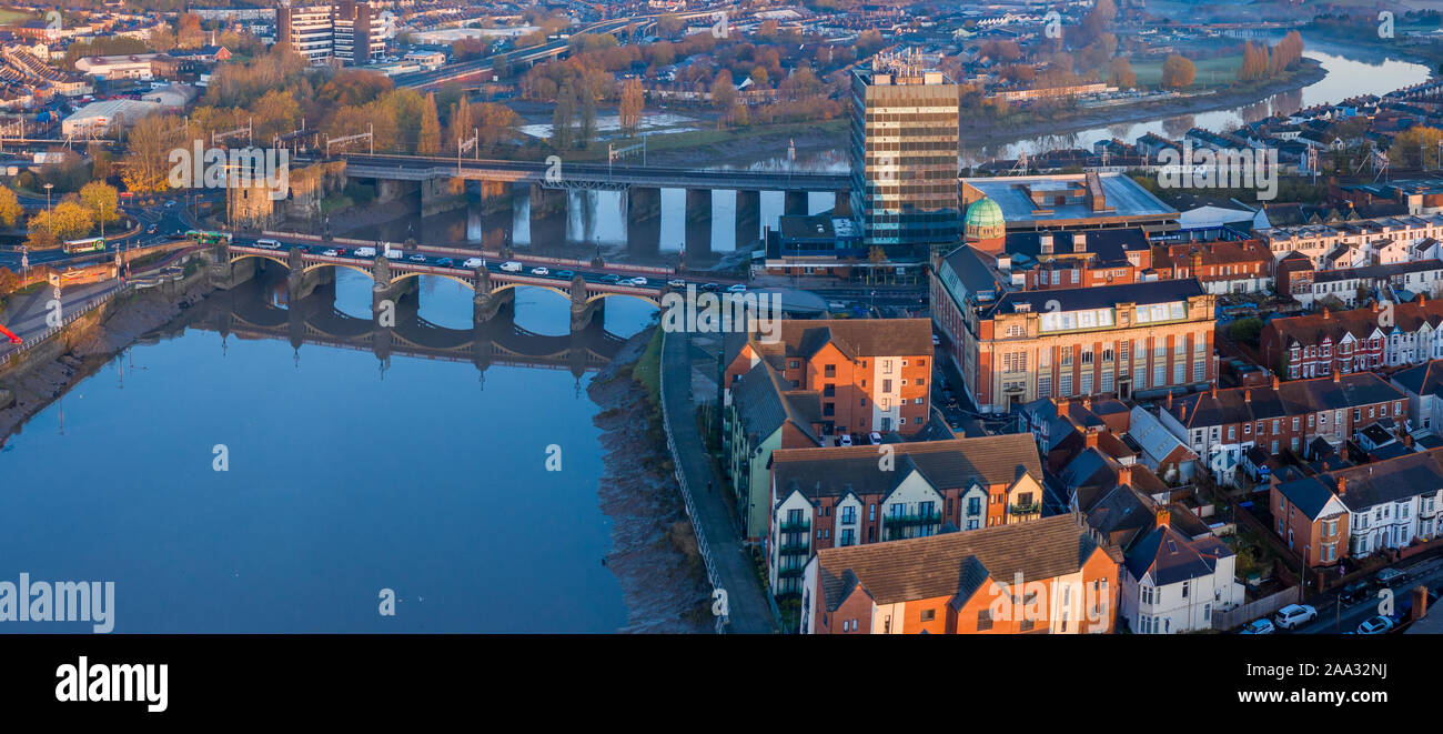 An Aerial View At Sunrise Of Newport City Centre South Wales United Kingdom Taken From The River Usk Stock Photo Alamy