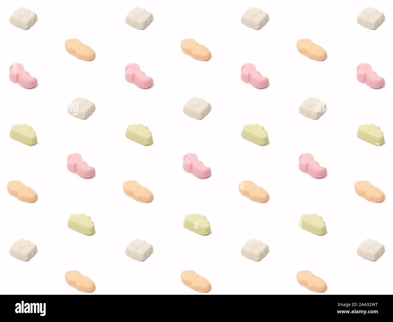 Sinterklaas / Santa Claus pattern, graphic Isometric perspective, pattern on a white isolated background. pink, yellow, green, orange, strooigoed, Fla Stock Photo