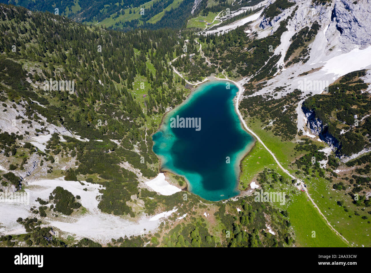 Aerial View of Seebensee, Ehrwald, Tyrol, Austria Stock Photo